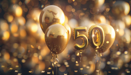 50th Years Anniversary Celebration Gold Balloons Background. 3D Renderの素材
