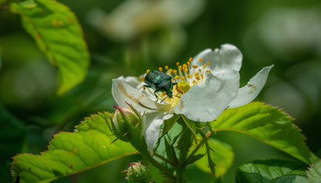 Green beetle on a white flower of a blossoming apple tree.の素材