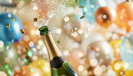Champagne bottle with confetti on bokeh background, celebration conceptの素材