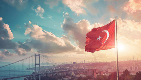 Turkey flag waving in the wind with Bosphorus Bridge in the backgroundの素材