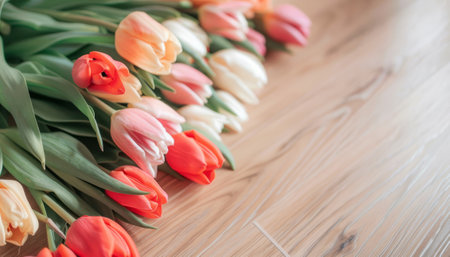 bouquet of tulips on a wooden background, soft focusの素材