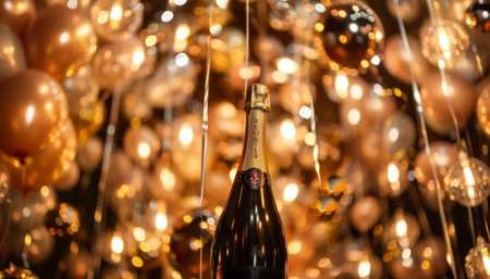 Champagne bottle on bokeh background. New Year and Christmas concept.の素材