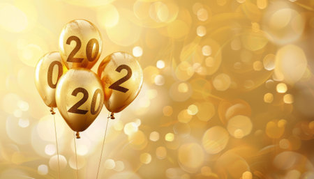 Happy New Year 2022. Golden balloons with numbers 2022 on bokeh backgroundの素材