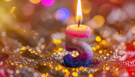 Burning candle in the form of number eight on a bokeh backgroundの素材