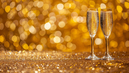 Two glasses of champagne on golden bokeh background. New Year celebrationの素材