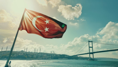 Turkish flag waving in the wind with Bosphorus Bridge in the backgroundの素材