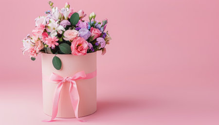 Bouquet of flowers in a gift box on a pink backgroundの素材