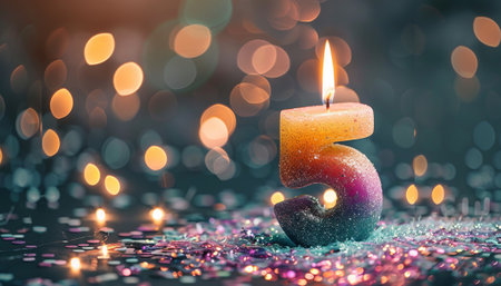 Birthday candle with number 5 on bokeh background, closeupの素材
