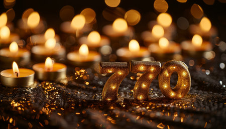 Burning candles with number seventy on a black background with bokehの素材