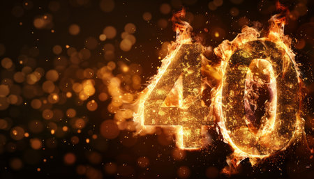Number 40 in fire with bokeh background. 3D renderingの素材