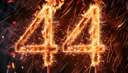 Number four with a burning fire and sparks on a black background.の素材
