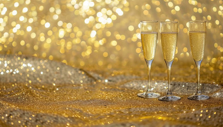 Glasses of champagne on golden background with bokeh lights.の素材