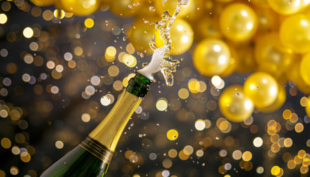 Bottle of champagne with bubbles on bokeh background, celebration conceptの素材
