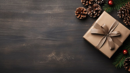 Christmas gift box on wooden background. Top view with copy space.の素材