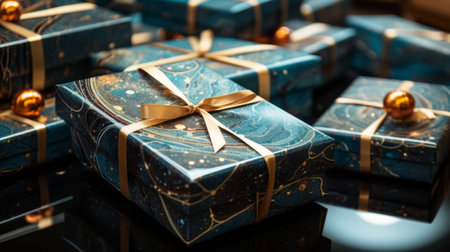 Blue gift boxes with gold ribbons on black background. Closeup.の素材