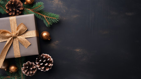 Christmas background with gift box and fir branches on dark wooden table. Top view with copy spaceの素材