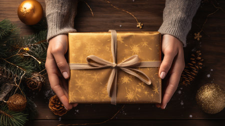 Female hands holding a christmas gift on wooden background, top viewの素材