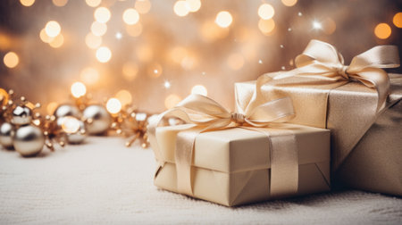 Gift boxes and Christmas ornaments on bokeh backgroundの素材