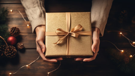 Female hands holding a gift box on a wooden background. Christmas and New Year concept.の素材