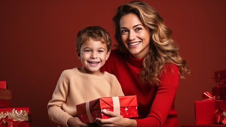 Portrait of a happy mother and son with Christmas gifts over red backgroundの素材