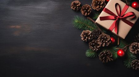 Christmas background with fir branches, red balls and gift box on black wooden boardの素材