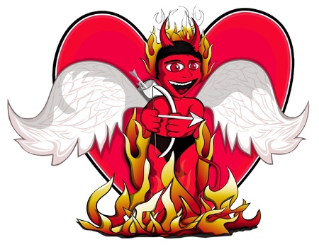 This is a illustration of a devil with angel s wings and a bow and arrow surrounded in flames のイラスト素材