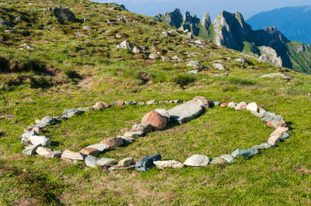 Stone circle sign in the mountainsの写真素材