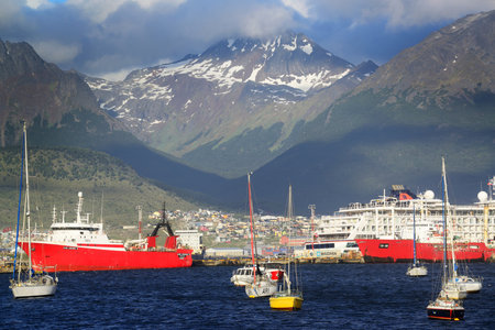 Boats on the Beagle Channel, near Ushuaia, with surrounding landscape scenery, in Argentina's Tierra del Fuegoのeditorial素材