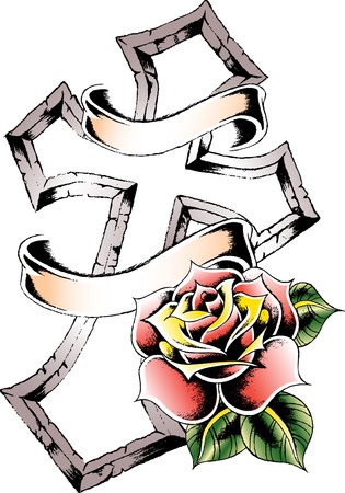 cross and rose ribbon bannerのイラスト素材
