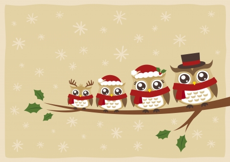 owl family christmas greeting のイラスト素材