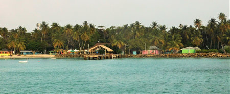 Serene Tropical Landscape With Palm Trees and Colorful Beach Huts at Sunset by the Water's Edgeの写真素材