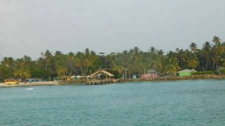 Tropical Village by the Sea With Colorful Huts and Palm Trees Under a Clear Skyの写真素材