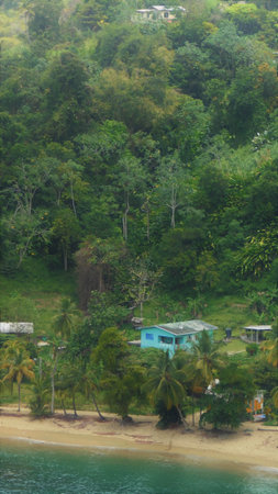 Lush Hillside Retreat Nestled by the Beach in a Tropical Paradise Surrounded by Greeneryの写真素材