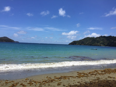 Relaxing Day by the Turquoise Sea, Waves Gently Lapping on the Sandy Shoreの写真素材