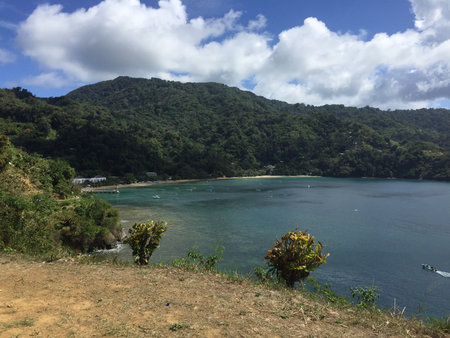 Scenic Coastal View of a Tranquil Bay Surrounded by Lush Green Hills on a Sunny Dayの写真素材