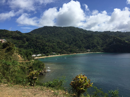 Serene Coastal View at Tropical Bay Under a Bright Blue Sky With Lush Mountains in the Backgroundの写真素材