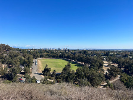 Expansive View of a Green Park Set Against a Bright Blue Sky in the Heart of a Bustling Cityの写真素材