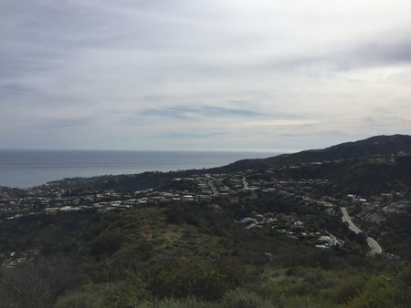 Scenic View of Coastal Hillside Community Overlooking the Ocean on a Cloudy Dayの写真素材