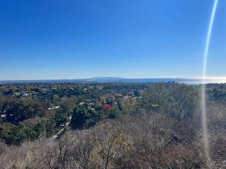 Sweeping View of Urban Landscape and Ocean From Hilltop Under Clear Blue Skyの写真素材
