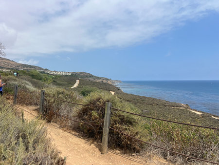 Lush Coastal Trail Revealing Scenic Views of the Ocean on a Sunny Day in Mid-Summerの写真素材