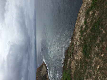 Dramatic Coastal View With Rolling Waves and Overcast Skies at the Edge of a Cliff in the Afternoonの写真素材