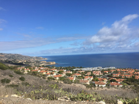 Coastal View of a Serene Beachside Community Under a Bright Blue Sky in Southern Californiaの写真素材