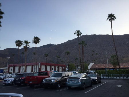 Sunny Afternoon at a Parking Lot With Palm Trees and Mountains in the Backgroundの写真素材