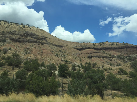 Scenic View of Rugged Mountains and Lush Trees Under a Bright Blue Sky With Fluffy Cloudsの写真素材