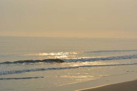 Soft Golden Waves Gently Roll Onto a Quiet Beach Under a Hazy Morning Sky at Sunriseの写真素材
