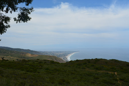 Breathtaking Coastal View From the Hillside Overlooking the Serene Ocean and Horizon on a Clear Dayの写真素材