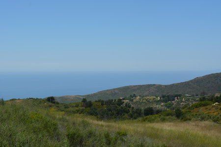 Vibrant Landscape View of Hills Meeting the Ocean Under a Clear Blue Sky During Middayの写真素材