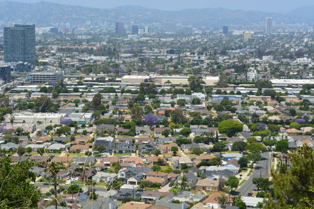 Expansive View of a Vibrant City Sprawled Beneath a Sunny Sky With Hills in the Distanceの写真素材