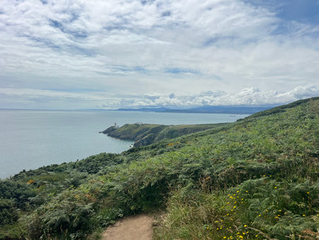 Scenic Coastal View With Vibrant Greenery and Distant Lighthouse Under a Cloudy Sky at Mid-Dayの写真素材