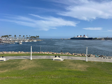 Scenic Waterfront View Featuring Boats and Palm Trees Under a Clear Blue Sky in a Vibrant Coastal Areaの写真素材